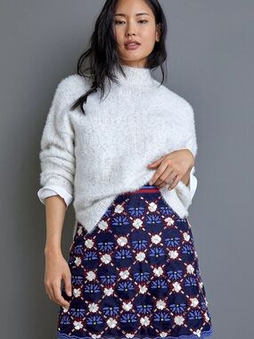 Maeve Navy Floral Appliqué A-Line Skirt with White Flowers